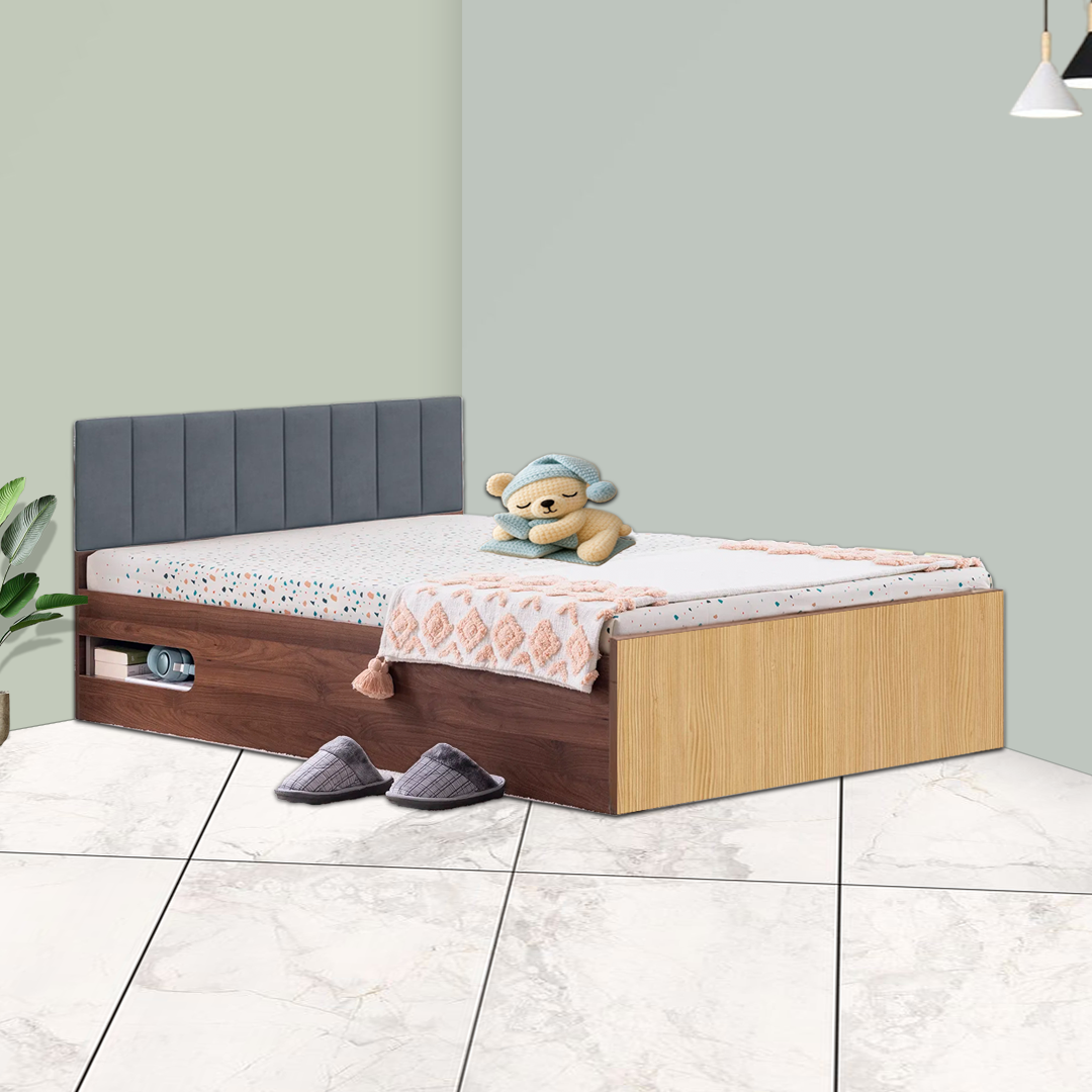 Bed In Light & Dark Wooden Finish With Box Storage in Variable Sizes