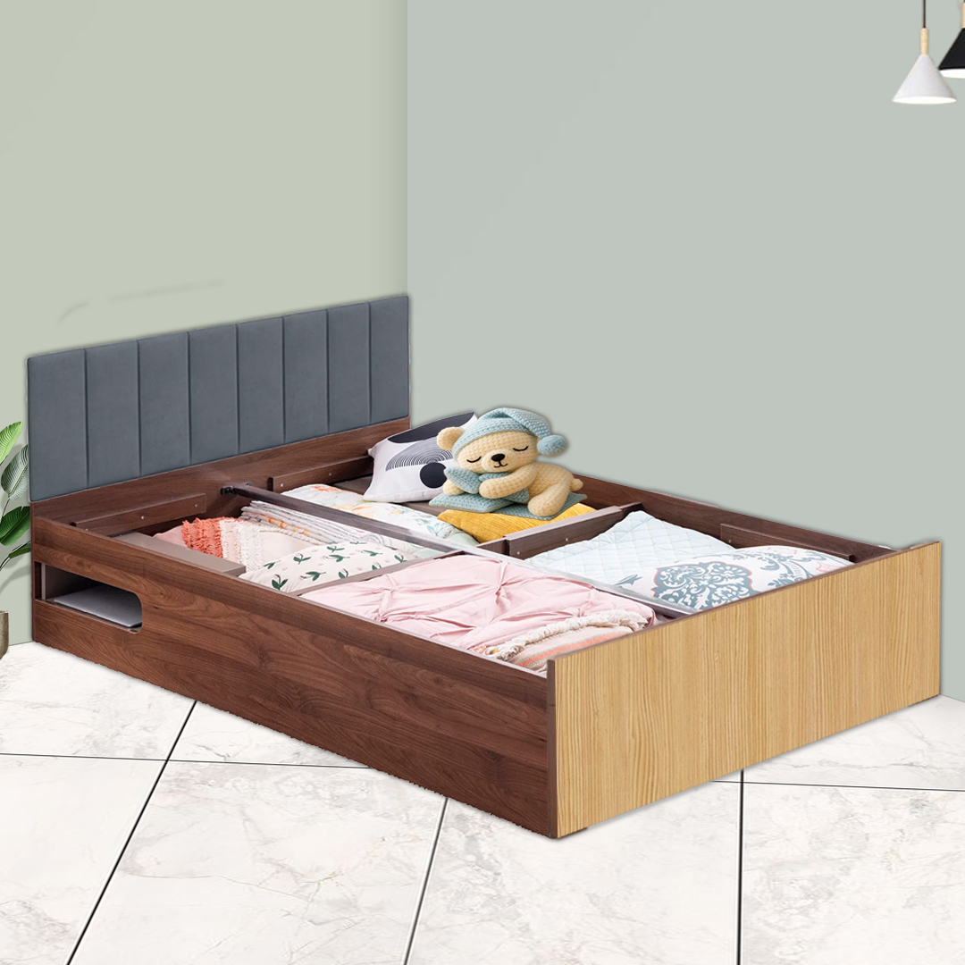 Bed In Light & Dark Wooden Finish With Box Storage in Variable Sizes - Image 2